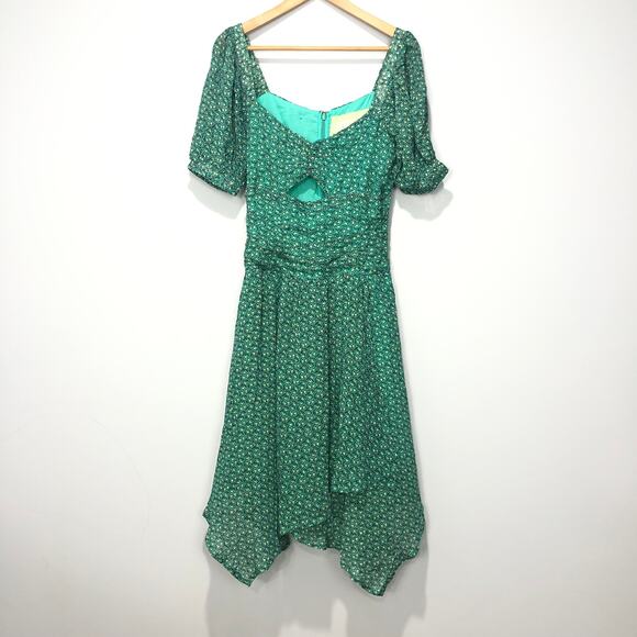 Anthropologie Floral Puff Sleeved Cut Out Midi Dress Handkerchief Green Size 8 - Picture 6 of 8